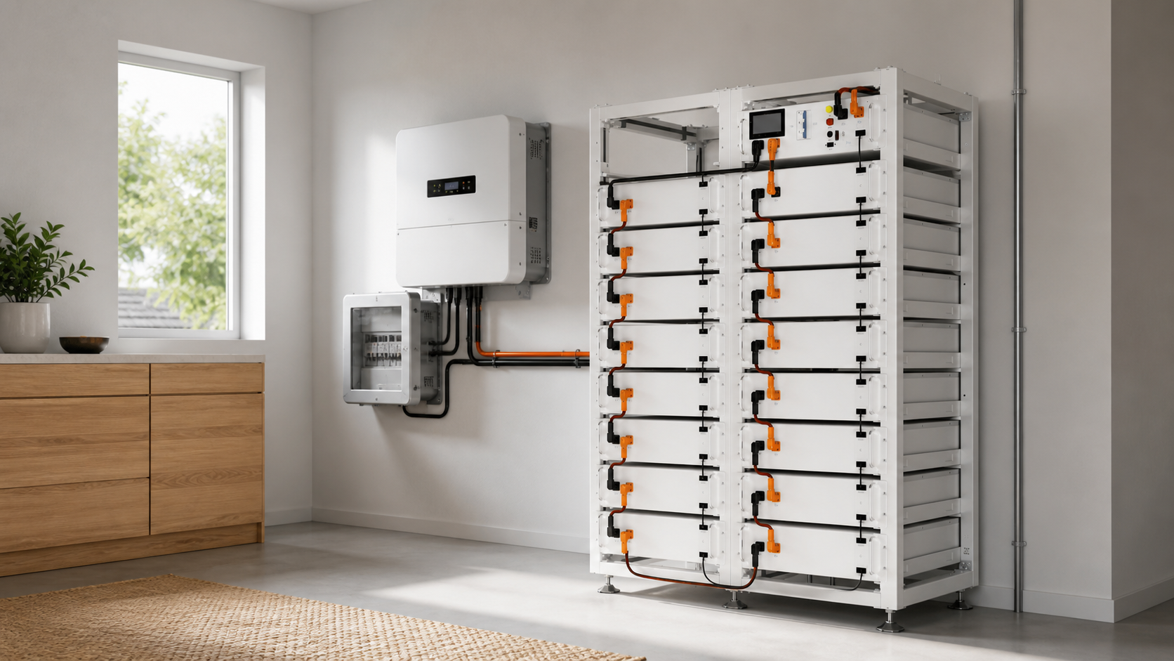 Wizualizacja systemu magazynowania energii w jasnym pomieszczeniu technicznym