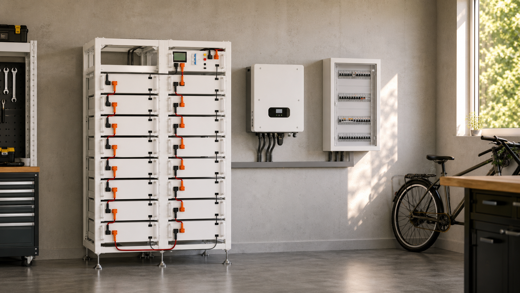 Wizualizacja magazynu energii w uporządkowanym garażu